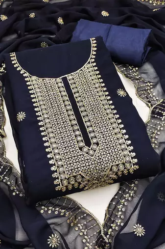 Women blue georgette embroidered unstitched dress material with dupatta