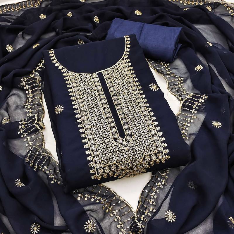 Women blue georgette embroidered unstitched dress material with dupatta