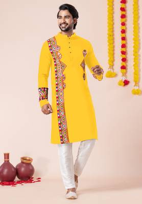 Yellow pure rayon navratri special premium designer kurta pyjama 1