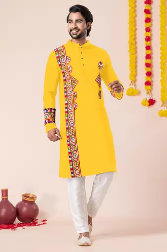 Yellow pure rayon navratri special premium designer kurta pyjama