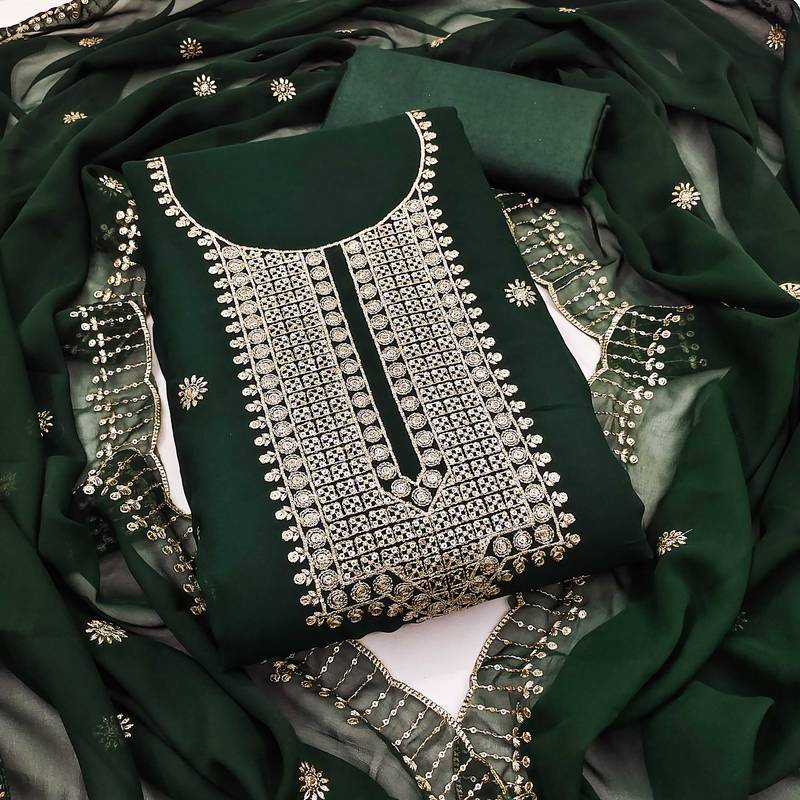 Women green georgette embroidered unstitched dress material with dupatta