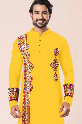 Yellow pure rayon navratri special premium designer kurta pyjama