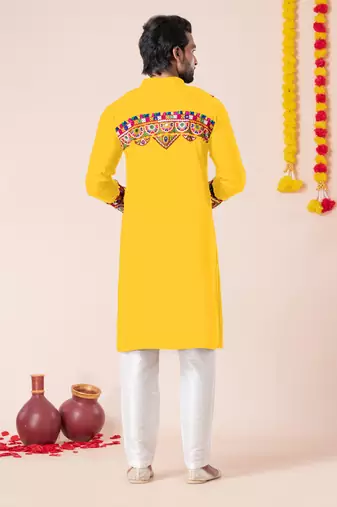 Yellow pure rayon navratri special premium designer kurta pyjama