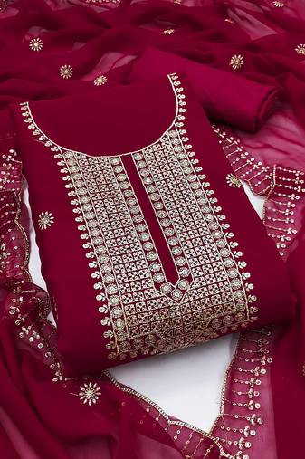 Women pink georgette embroidered unstitched dress material with dupatta