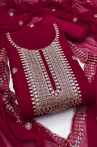 Women pink georgette embroidered unstitched dress material with dupatta