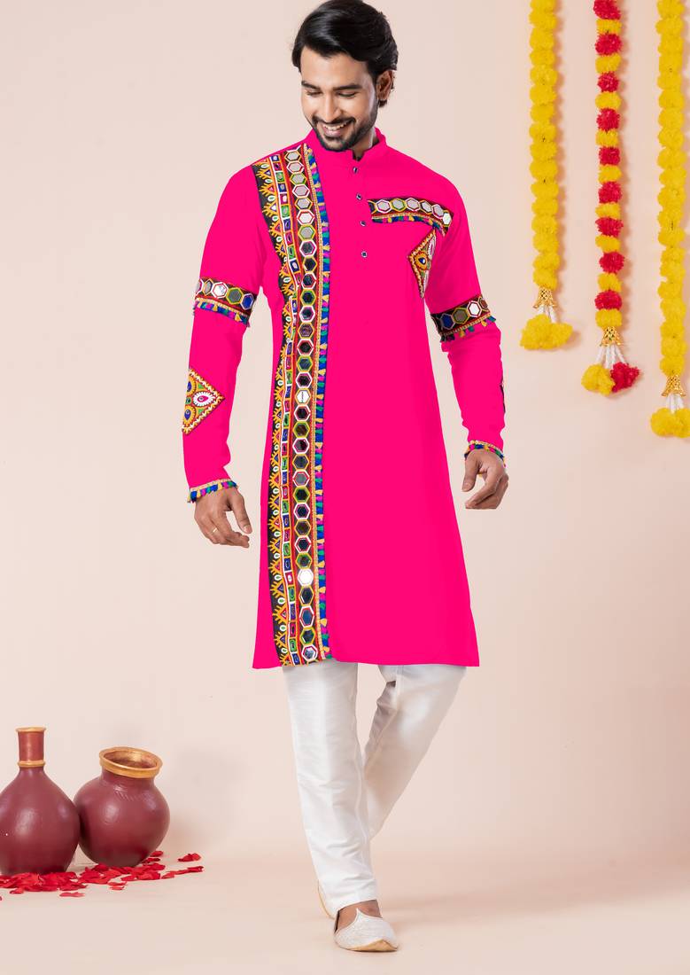 Pink pure rayon navratri special premium designer kurta pyjama