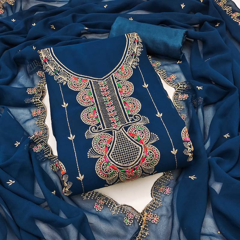 Women blue georgette embroidered unstitched dress material with dupatta