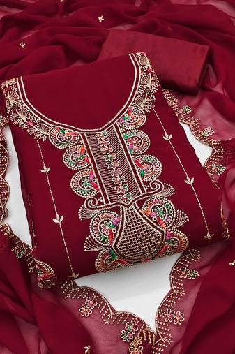 Women maroon georgette embroidered unstitched dress material with dupatta