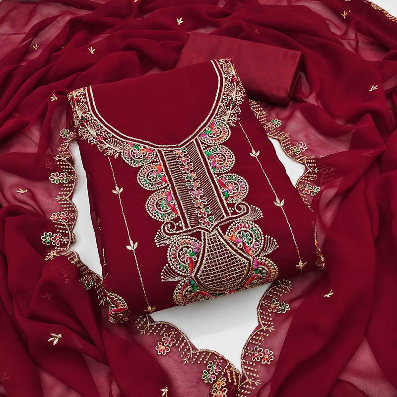 Women maroon georgette embroidered unstitched dress material with dupatta