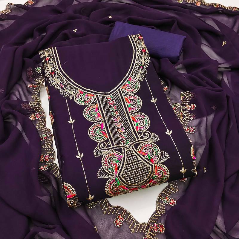 Women purple georgette embroidered unstitched dress material with dupatta
