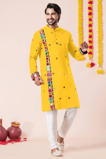 Yellow pure rayon navratri special premium designer kurta pyjama