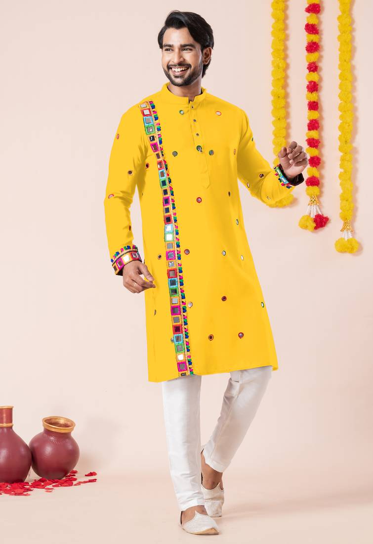 Yellow pure rayon navratri special premium designer kurta pyjama