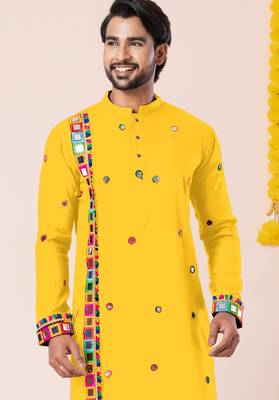 Yellow pure rayon navratri special premium designer kurta pyjama 2