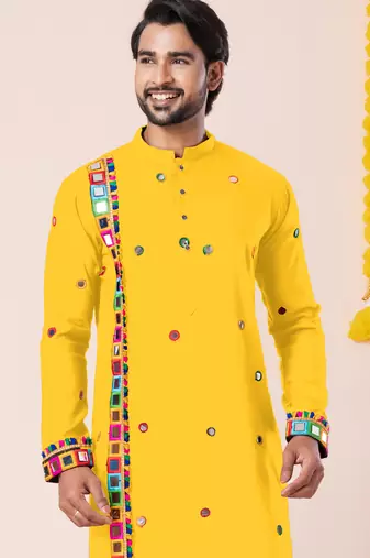 Yellow pure rayon navratri special premium designer kurta pyjama