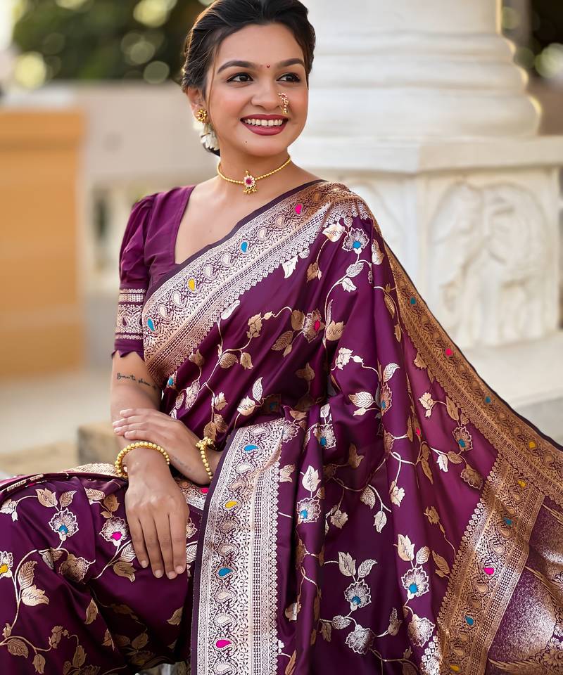 wine banarasi silk blend meenakari weaving saree