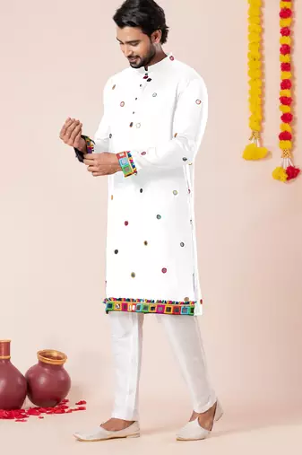 White pure rayon navratri special premium designer kurta pyjama