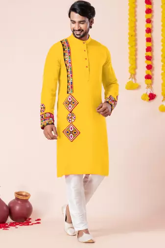 Yellow pure rayon navratri special premium designer kurta pyjama
