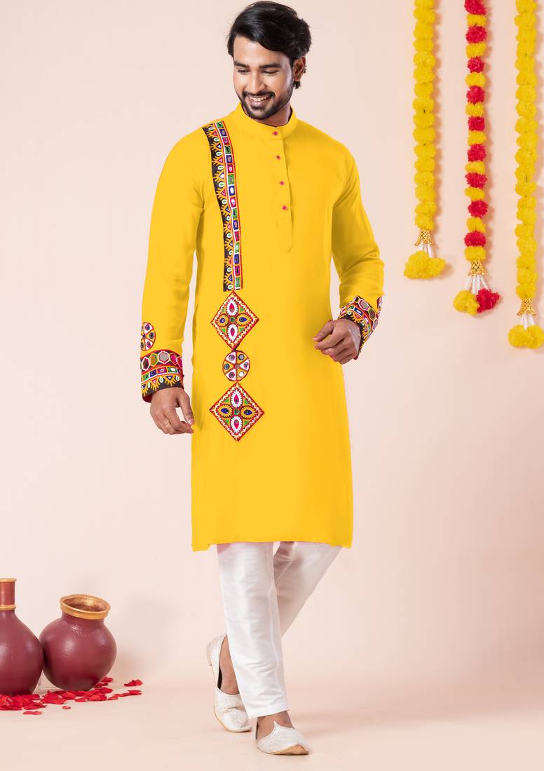 Yellow pure rayon navratri special premium designer kurta pyjama