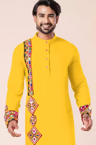 Yellow pure rayon navratri special premium designer kurta pyjama