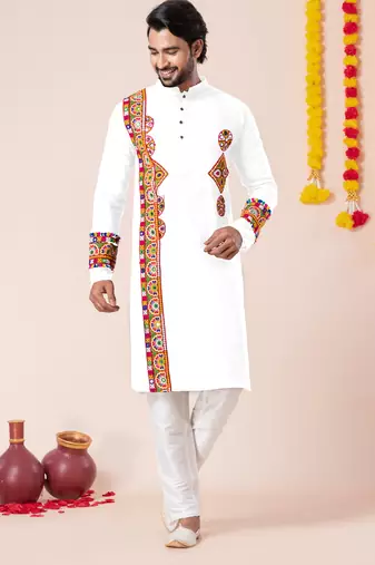 White pure rayon navratri special premium designer kurta pyjama