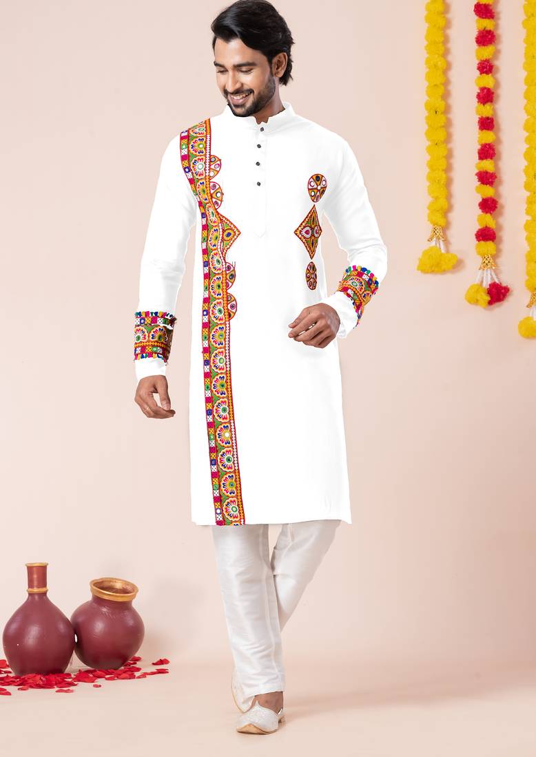 White pure rayon navratri special premium designer kurta pyjama