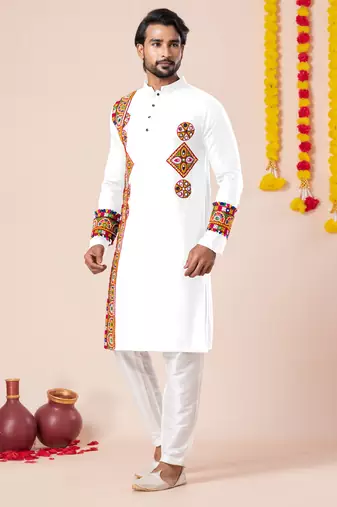White pure rayon navratri special premium designer kurta pyjama