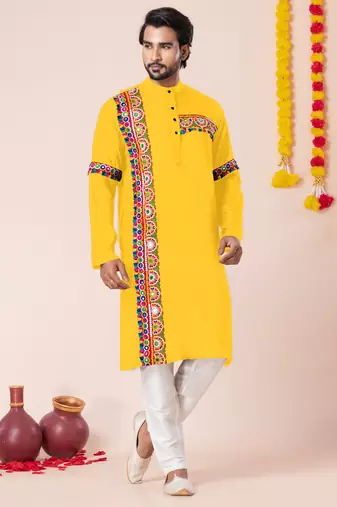 Yellow pure rayon navratri special premium designer kurta pyjama
