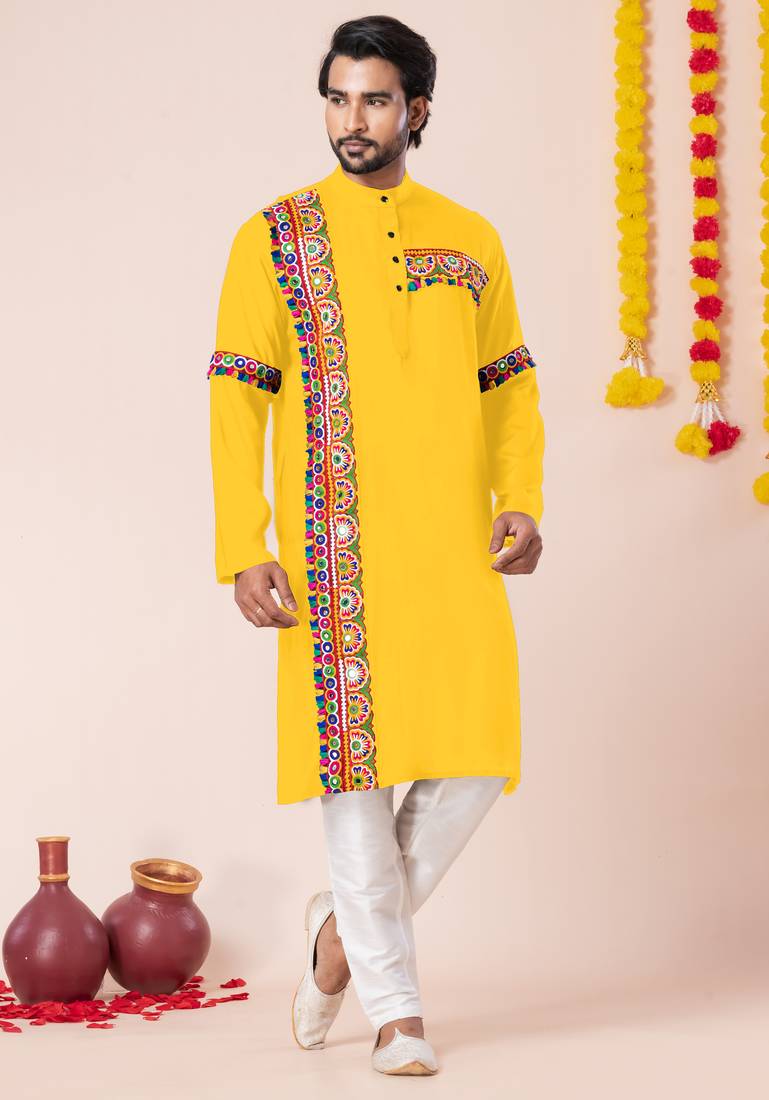 Yellow pure rayon navratri special premium designer kurta pyjama