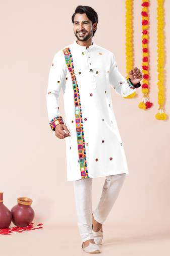White pure rayon navratri special premium designer kurta pyjama