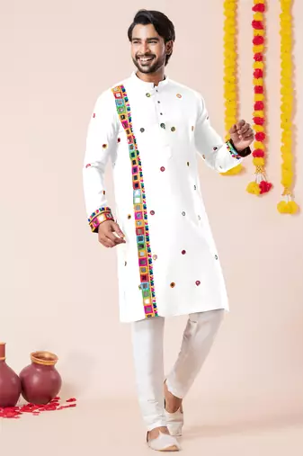 White pure rayon navratri special premium designer kurta pyjama