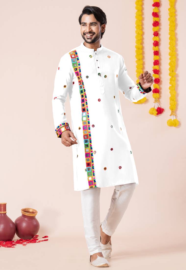 White pure rayon navratri special premium designer kurta pyjama