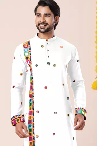 White pure rayon navratri special premium designer kurta pyjama