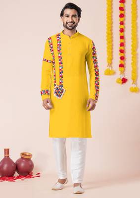 Yellow pure rayon navratri special premium designer kurta pyjama 1