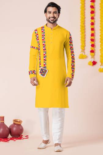 Yellow pure rayon navratri special premium designer kurta pyjama