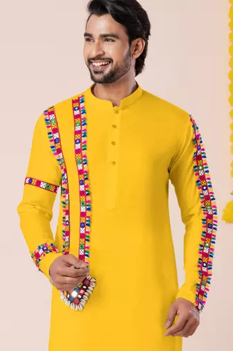 Yellow pure rayon navratri special premium designer kurta pyjama