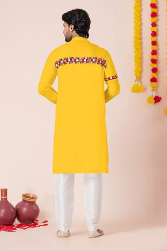 Yellow pure rayon navratri special premium designer kurta pyjama