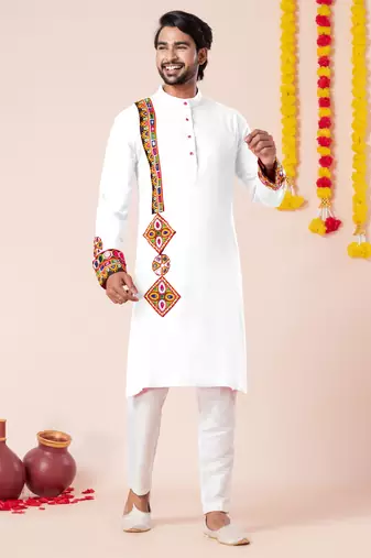 White pure rayon navratri special premium designer kurta pyjama