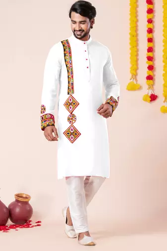 White pure rayon navratri special premium designer kurta pyjama