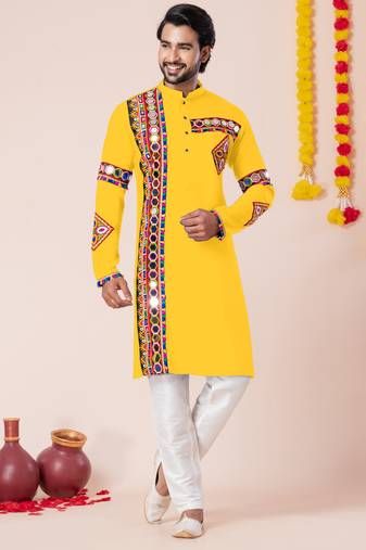 Yellow pure rayon navratri special premium designer kurta pyjama