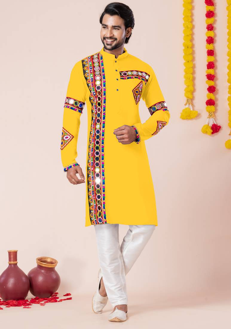 Yellow pure rayon navratri special premium designer kurta pyjama
