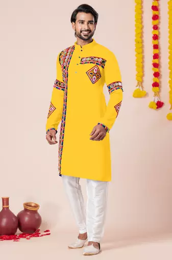 Yellow pure rayon navratri special premium designer kurta pyjama