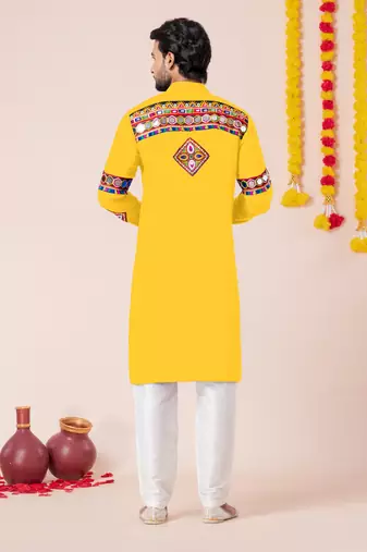 Yellow pure rayon navratri special premium designer kurta pyjama