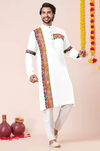 White pure rayon navratri special premium designer kurta pyjama