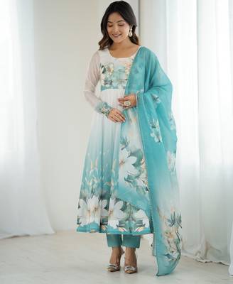 Blue White Ombre Anarkali Dress with Dupatta 1