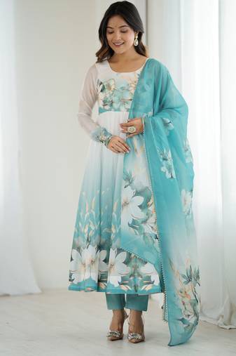 Blue White Ombre Anarkali Dress with Dupatta