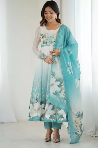 Blue White Ombre Anarkali Dress with Dupatta