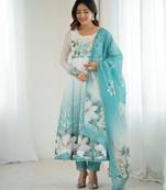 Blue White Ombre Anarkali Dress with Dupatta