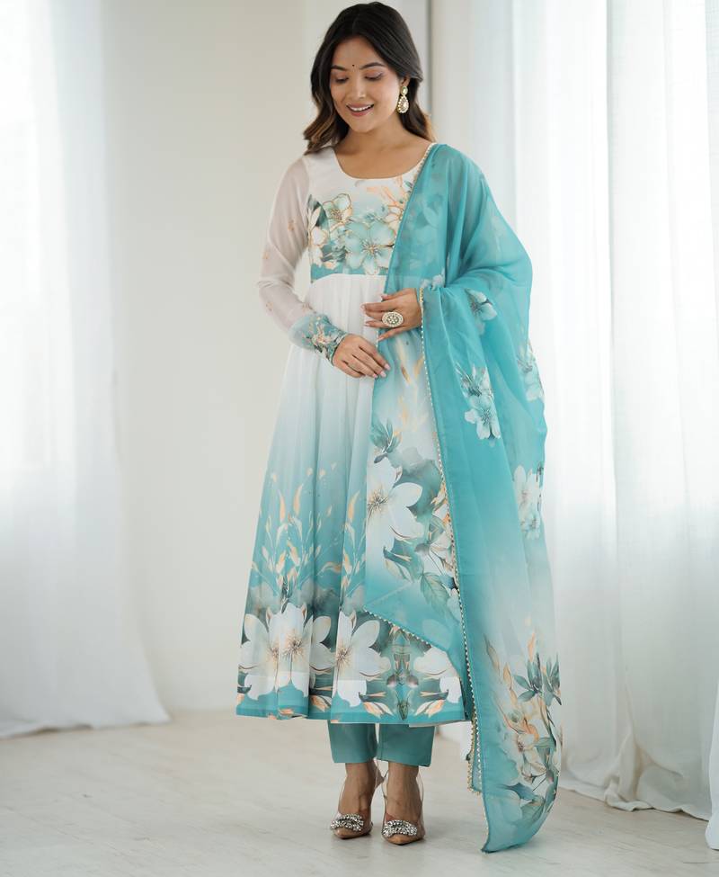 Blue White Ombre Anarkali Dress with Dupatta