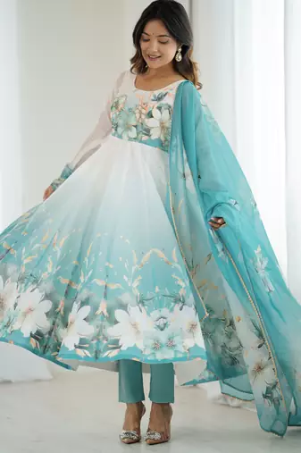 Blue White Ombre Anarkali Dress with Dupatta