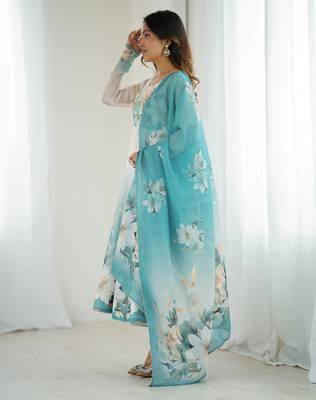 Blue White Ombre Anarkali Dress with Dupatta 3